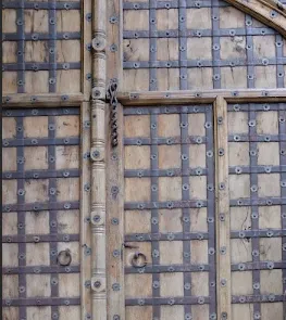 photo furniture Antique Indian 18th Century Mughal Fort Door – Monumental Arched Teak Wood Entry With Hand Forged Iron Studwork | Indo Islamic Architectural Salvage
