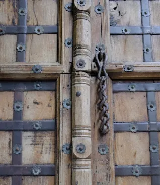 Antique Indian 18th Century Mughal Fort Door – Monumental Arched Teak Wood Entry With Hand Forged Iron Studwork | Indo Islamic Architectural Salvage photo vintage