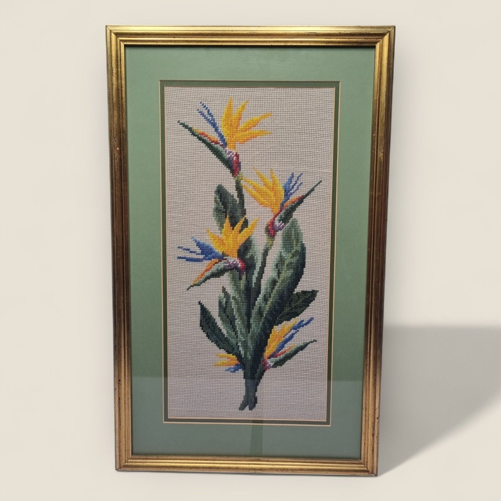 Vintage Cross Stitch Craft Embroidered Needle Birds Of Paradise Plant Framed