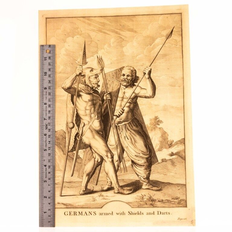 Germans With Armed Shields And Darts Antique 17th Century Engraving photo for sale