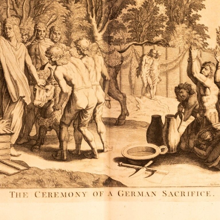 The Ceremony Of A German Sacrifice Antique Engraving 18th Century photo furniture