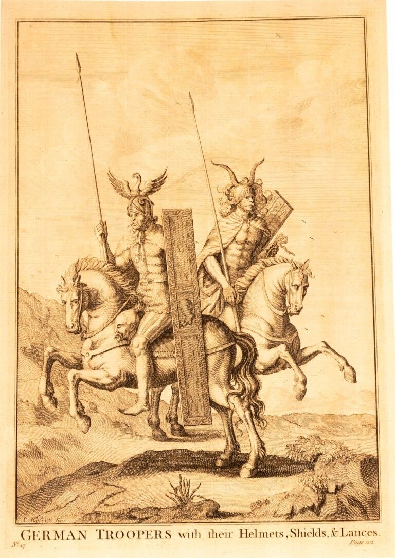 German Troopers With Their Helmets Antique 17th Century Engraving