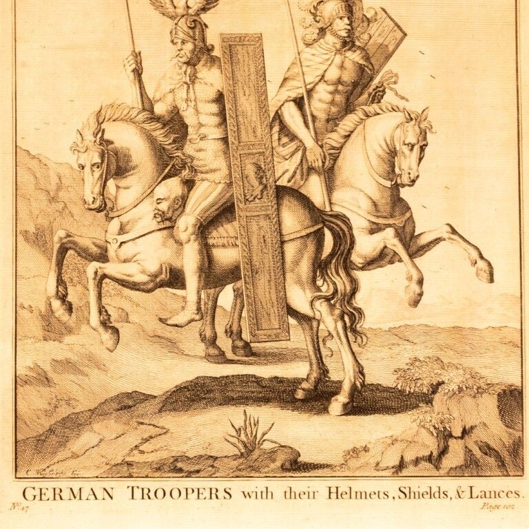 German Troopers With Their Helmets Antique 17th Century Engraving photo furniture