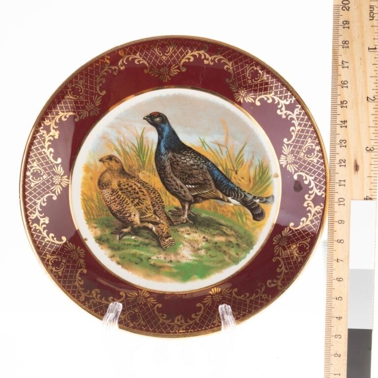 Royal Falcon Gilt Ironstone Ceramic Porcelain Game Hunting Birds Plate photo for sale