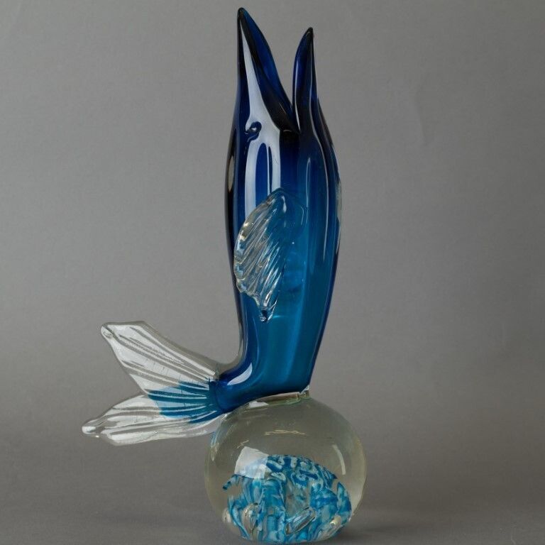 Mid Century Murano Venetian Hand Blown Glass Dolphin Paperweight Figure