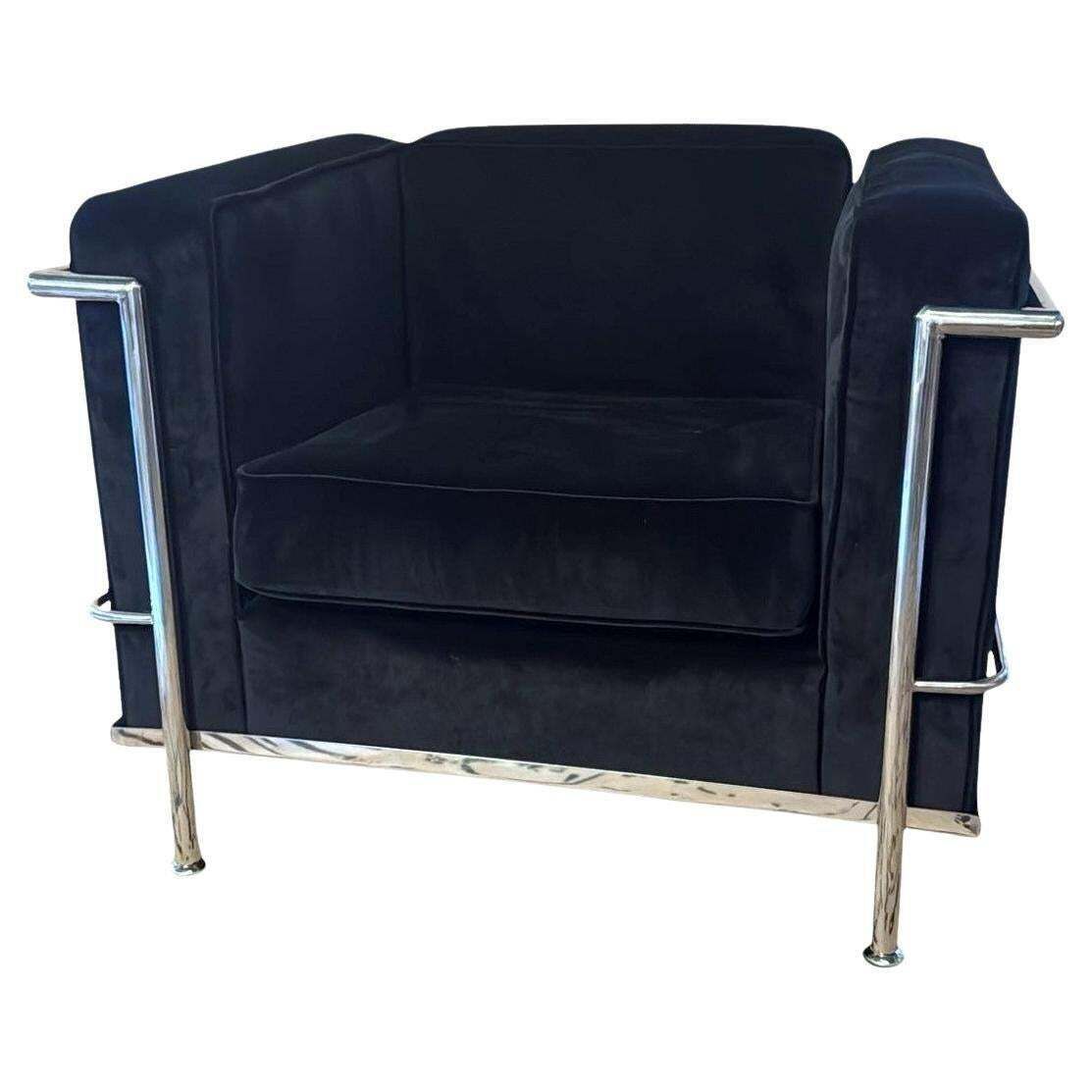 Le Corbusier Style Italian Armchair In Black Velvet With Stainless Steel Frame