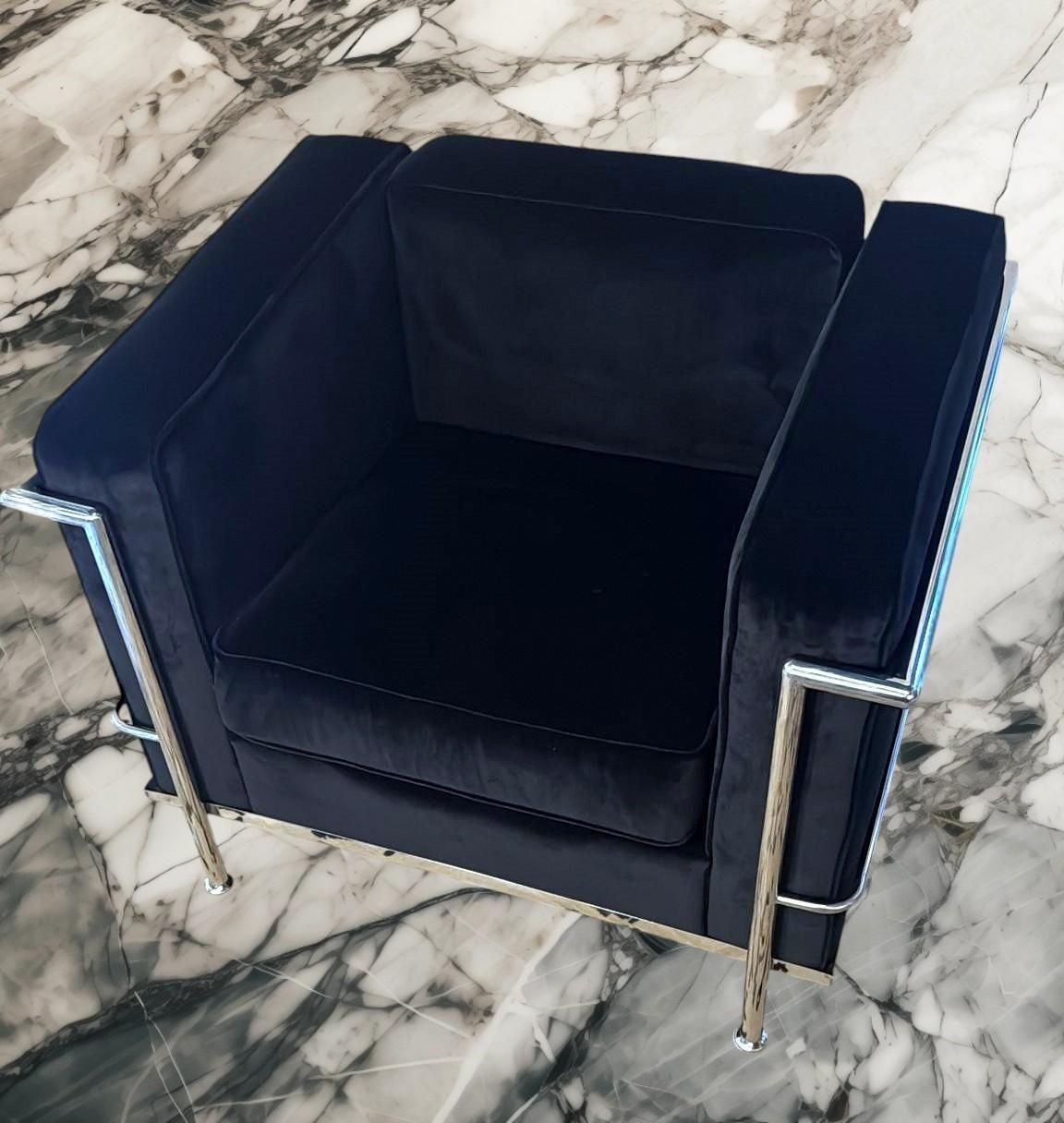 Le Corbusier Style Italian Armchair In Black Velvet With Stainless Steel Frame photo 2416.0