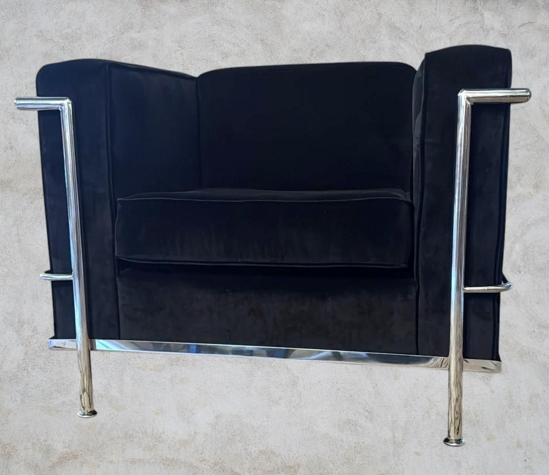 Le Corbusier Style Italian Armchair In Black Velvet With Stainless Steel Frame photo buy