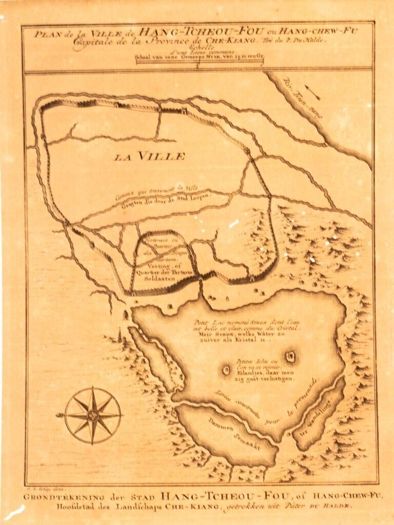 Antique 18th Century Engraving Map Of Hangzhou, The Capital Of The Zhejiang Province In China, By Jakob Van Schley