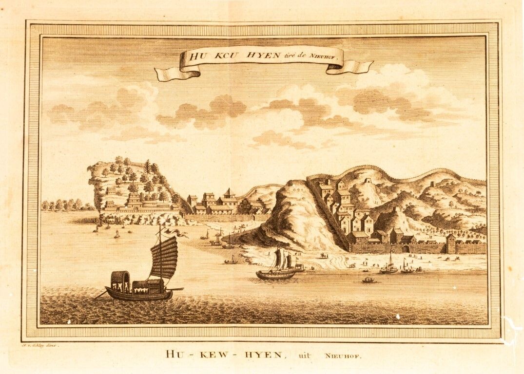 Antique 18th Century Engraving Depicting A Town View Of Hukou, Jiangxi, On The Yangtze River By Jakob Van Der Schley