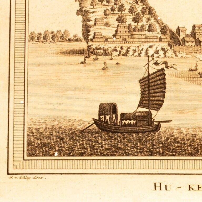 Antique 18th Century Engraving Depicting A Town View Of Hukou, Jiangxi, On The Yangtze River By Jakob Van Der Schley photo furniture