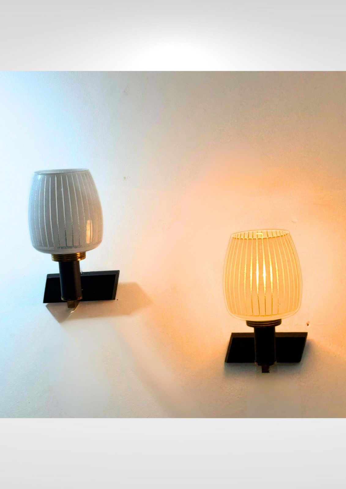 Pair Of Mid Century Italian Frosted Glass And Brass Wall Sconces photo 650.0