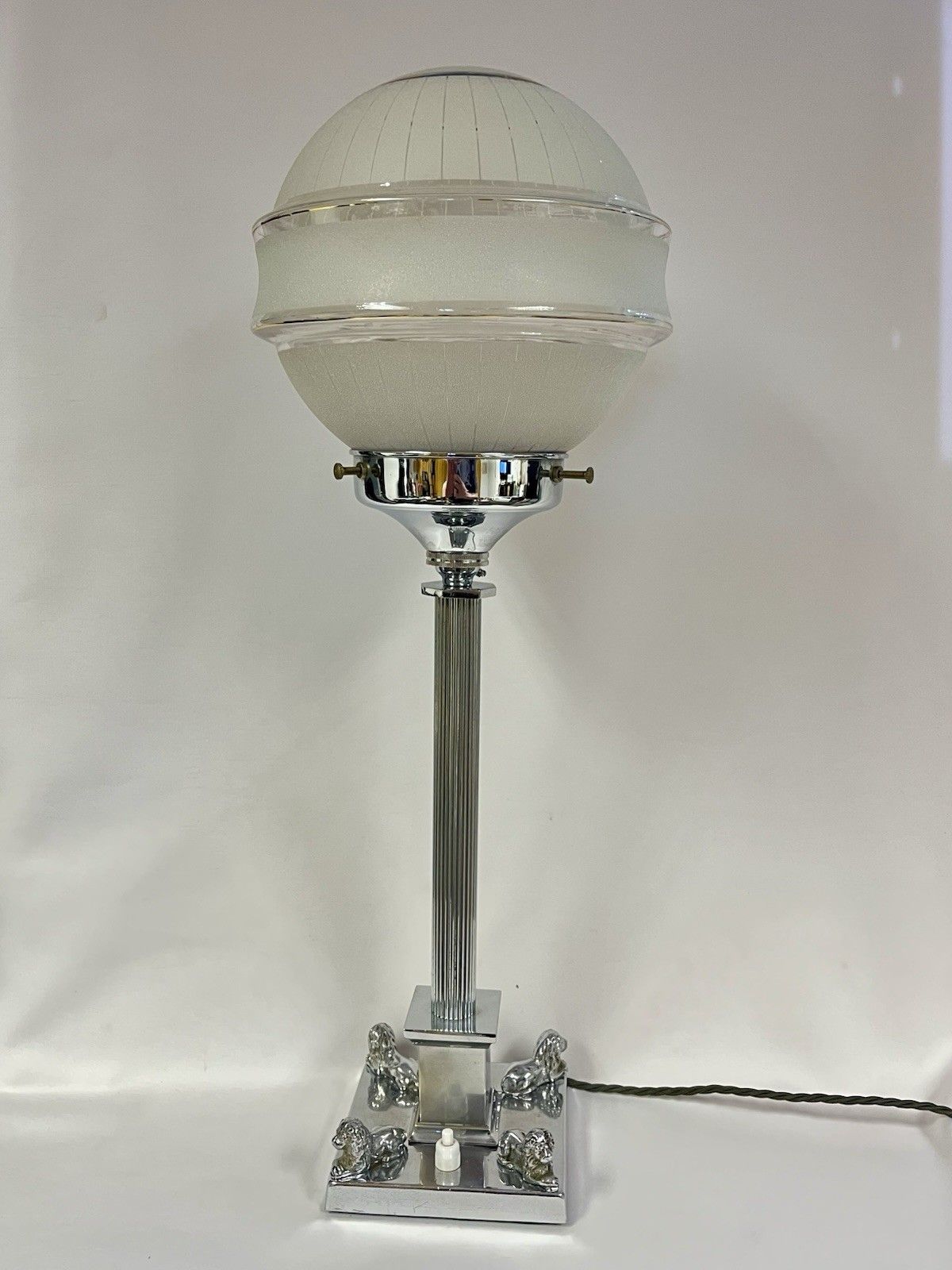 1930s Art Deco Metal Nelson Column Table Lamp & Glass Shade Rewired photo Lighting