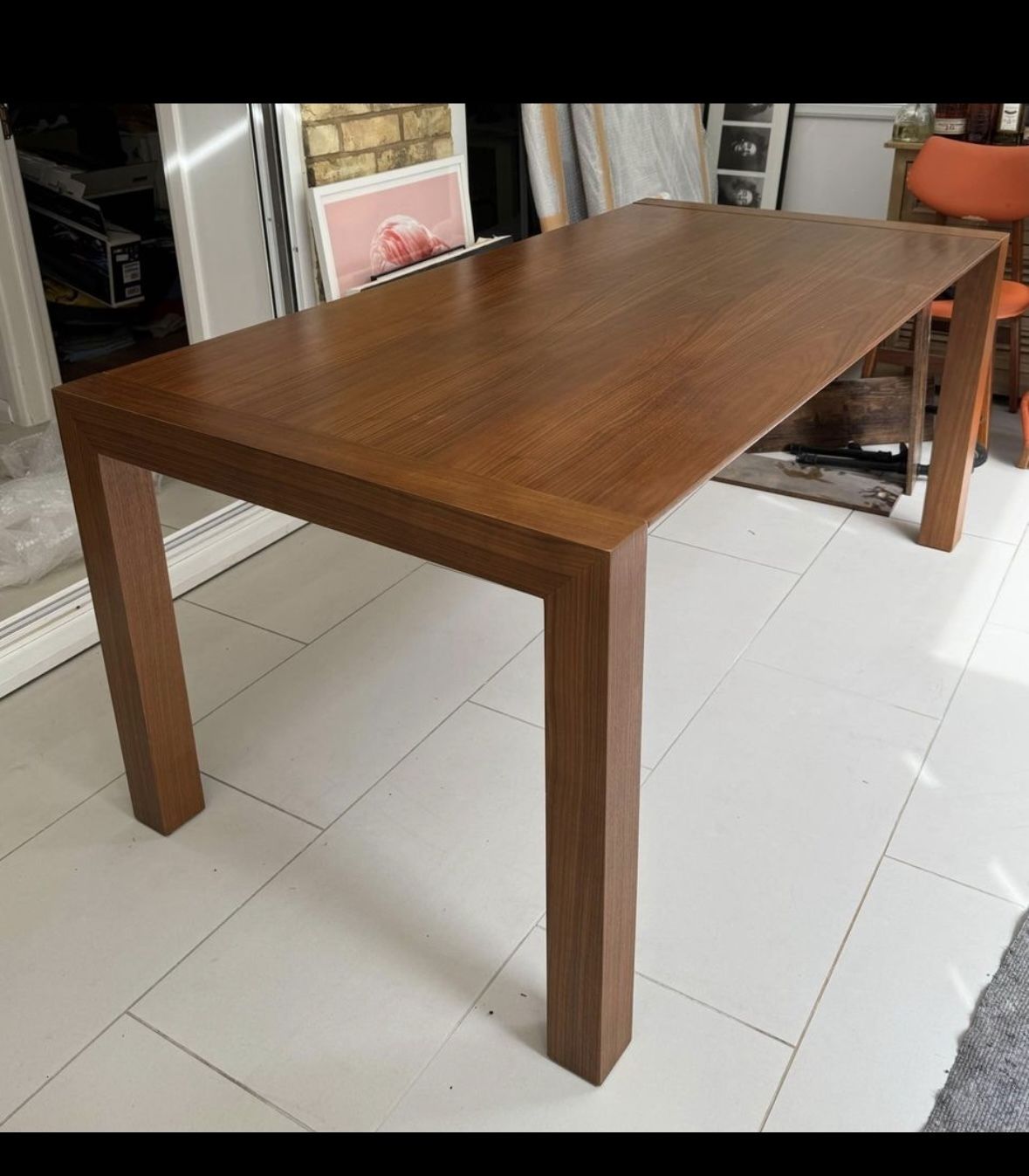 Extendable Dark Wood Table And Matching Dark Wood/Orange Chairs X6