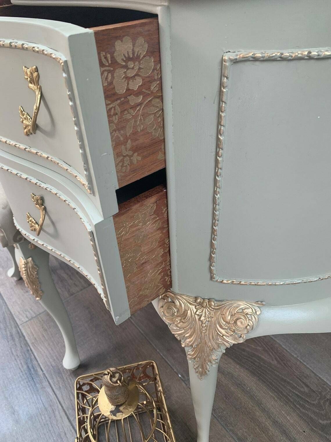 French Style Green Louis Olympus Dressing Table, Vintage Hand Painted Romantic Dressing Table, Champagne Trim, Bedroom Furniture & Stool photo furniture