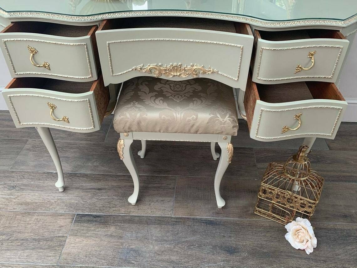 French Style Green Louis Olympus Dressing Table, Vintage Hand Painted Romantic Dressing Table, Champagne Trim, Bedroom Furniture & Stool photo Furniture
