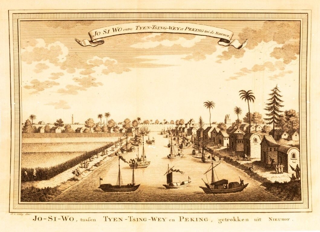 Antique 18th Century J. Van Schley Engraving Depicting A Waterside View Along The Haihe River Between Tianjin & Beijing