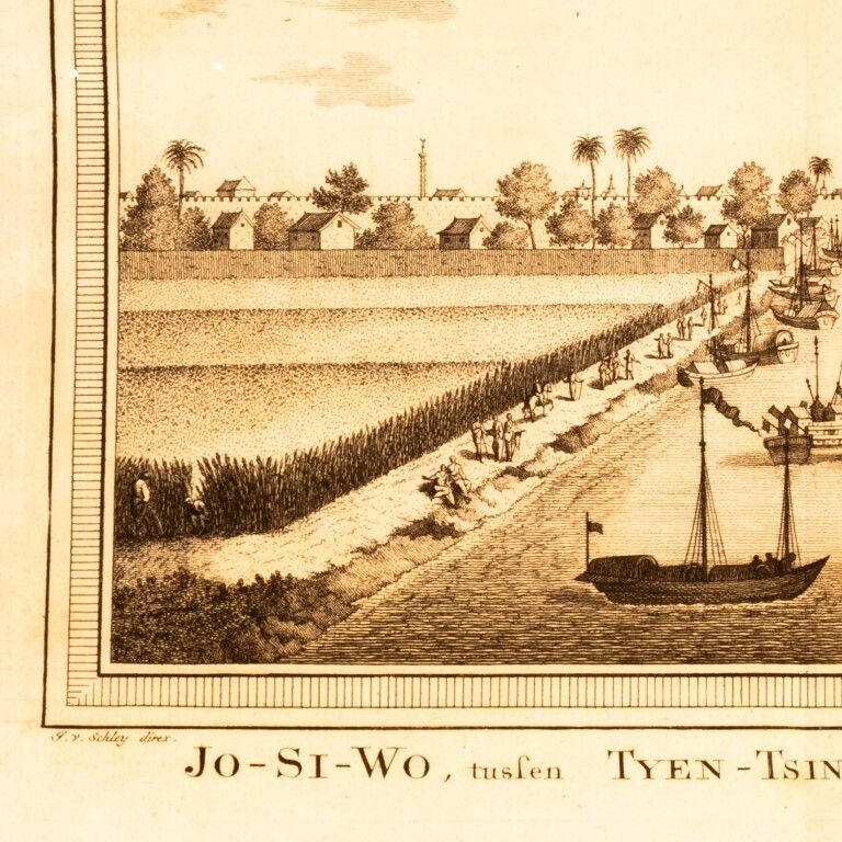 Antique 18th Century J. Van Schley Engraving Depicting A Waterside View Along The Haihe River Between Tianjin & Beijing photo furniture