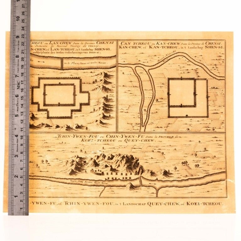 Antique 18th Century Engraving Map Of Three Chinese Cities In The Provinces Of Shanxi And Guizhou By Jacques Bellin photo for sale
