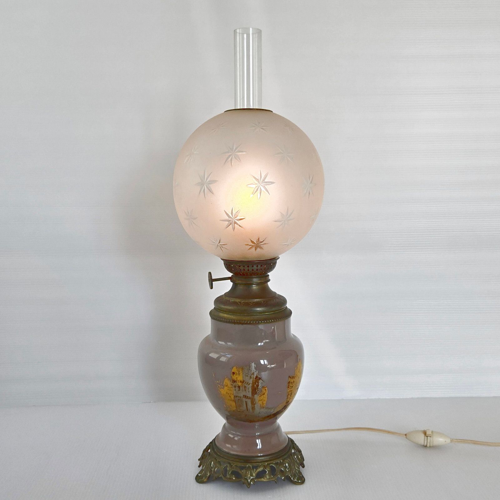 Antique Electrified Oil Lamp Late 19th Century Bronze Ceramic & Glass photo furniture