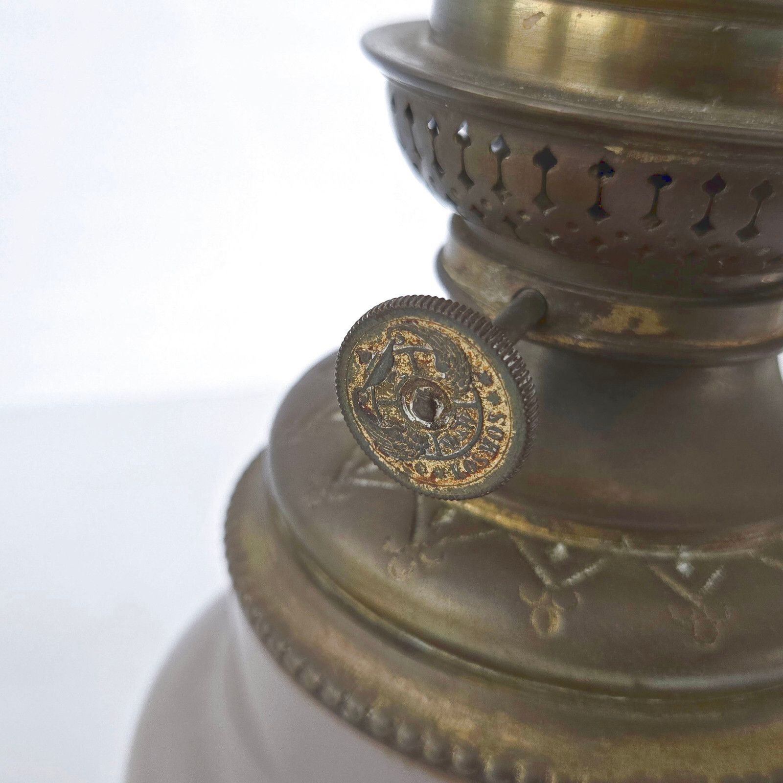 Lighting Antique Electrified Oil Lamp Late 19th Century Bronze Ceramic & Glass photo