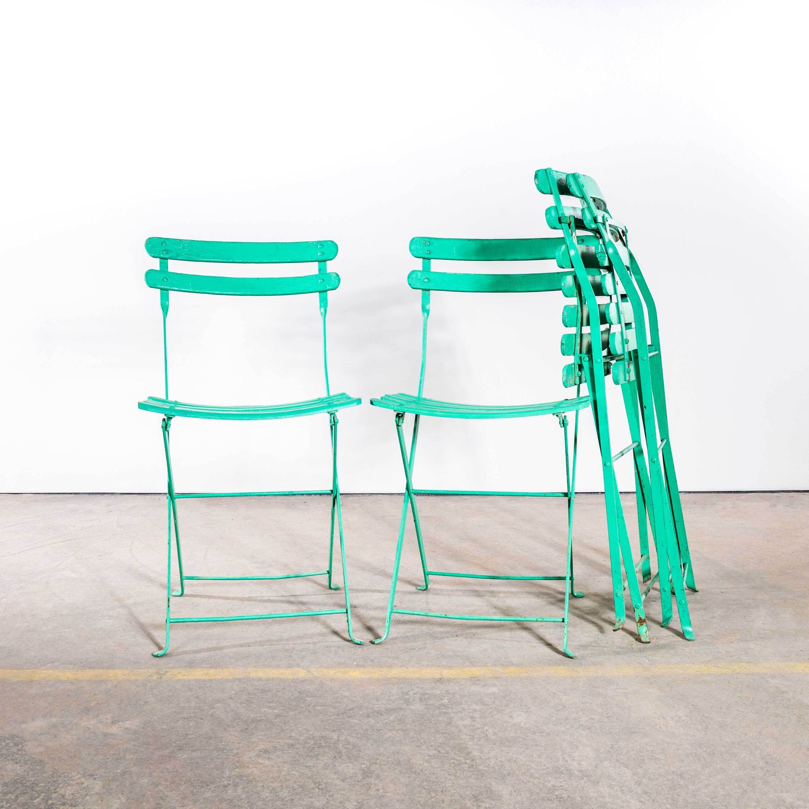 1950’s Slatted Pea Green French Outdoor Folding Chairs – Set Of Six photo furniture