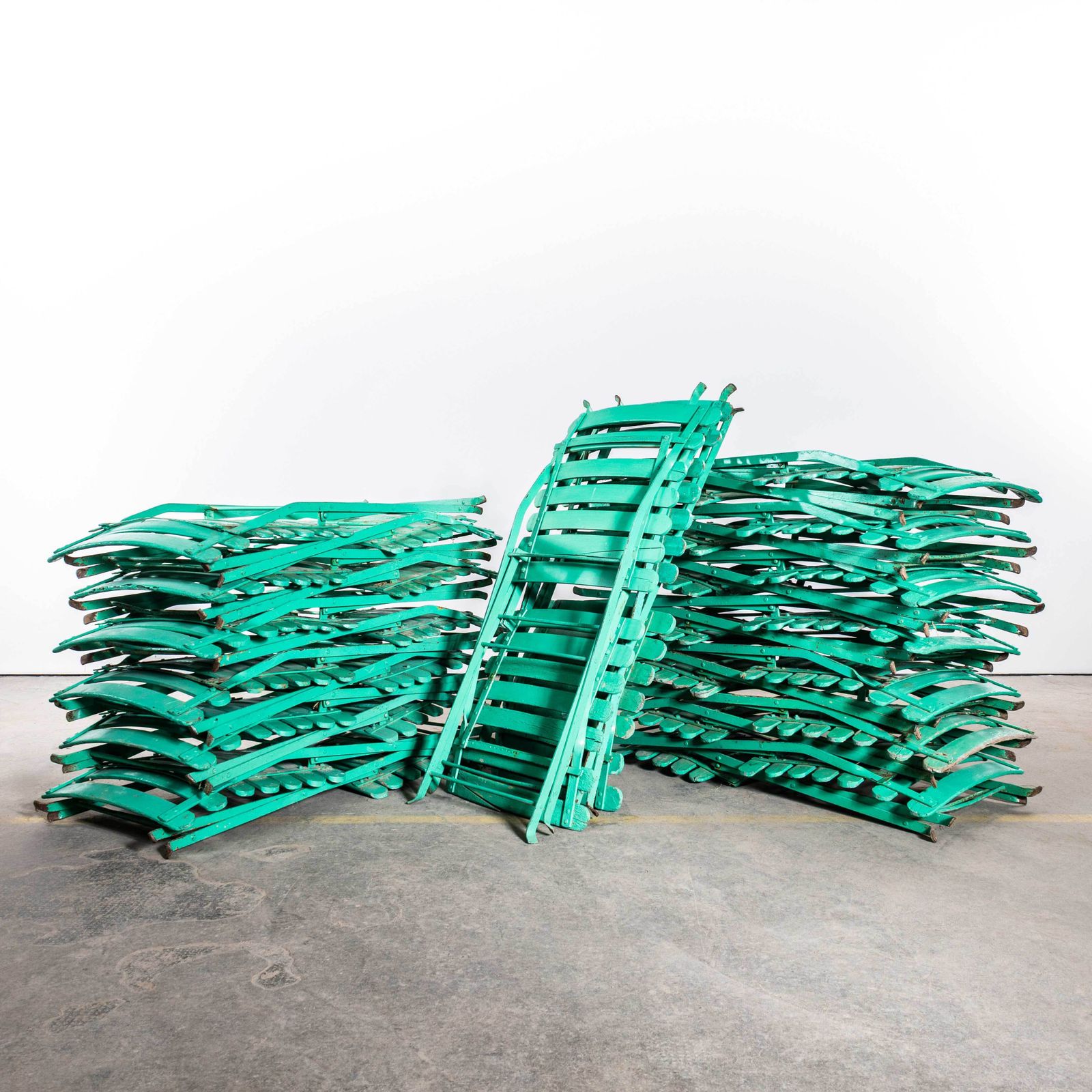 photo furniture 1950’s Slatted Pea Green French Outdoor Folding Chairs – Set Of Six