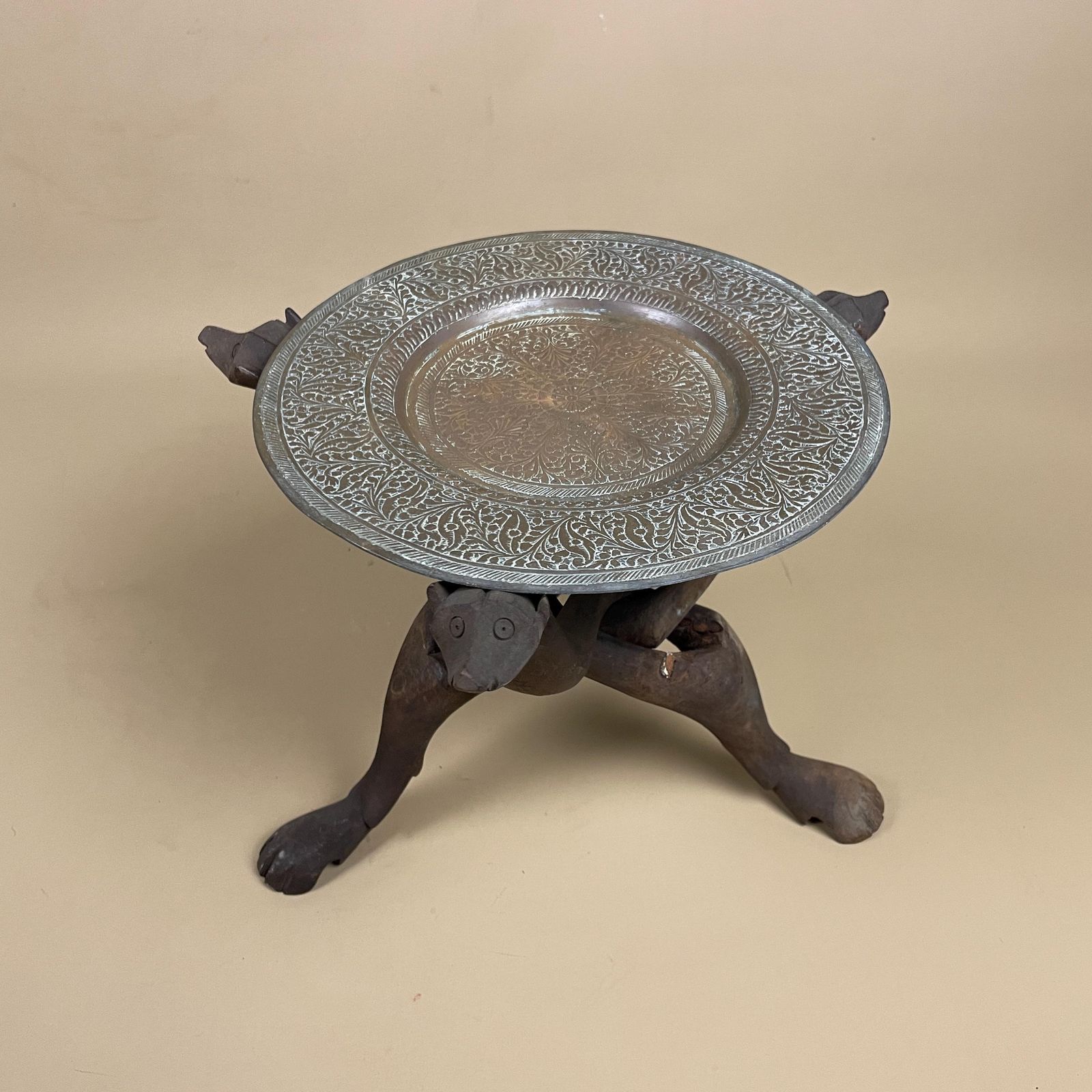 Antique Mini Metal Brass Plant Stand Indian Table Top Handmade Patterned Intricate Decorative Vintage Wood Wooden Stand Tray Animal Face photo for sale