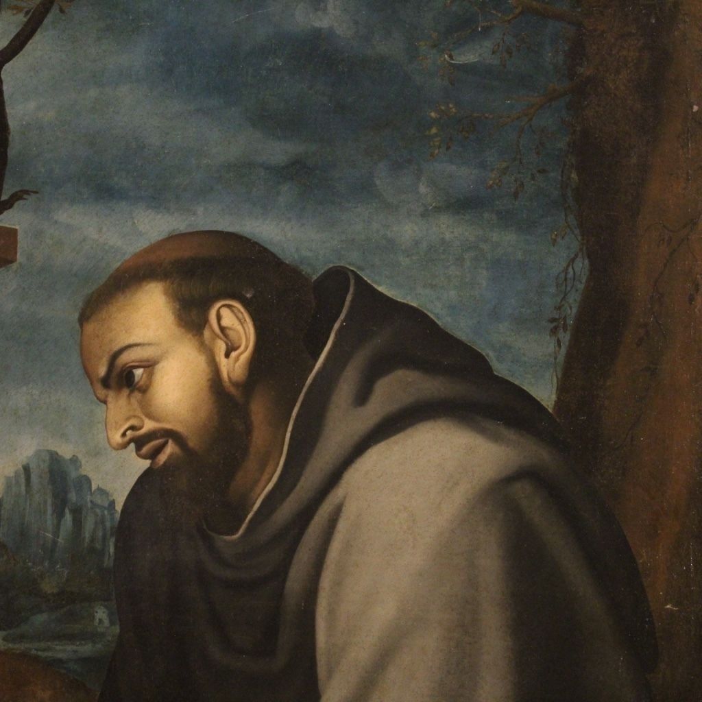 Antique Italian Religious Painting Saint Francis From 18th Century photo vintage