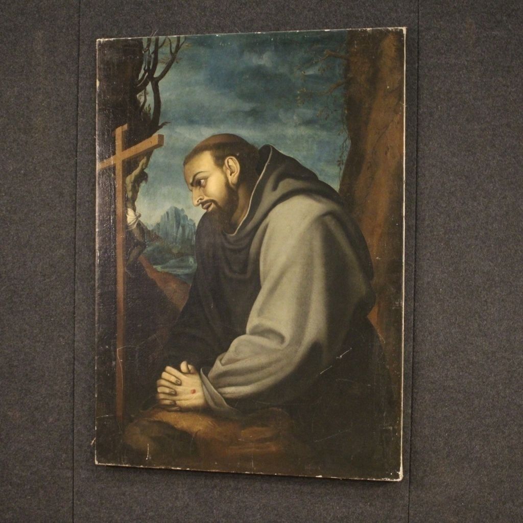 photo vintage Antique Italian Religious Painting Saint Francis From 18th Century