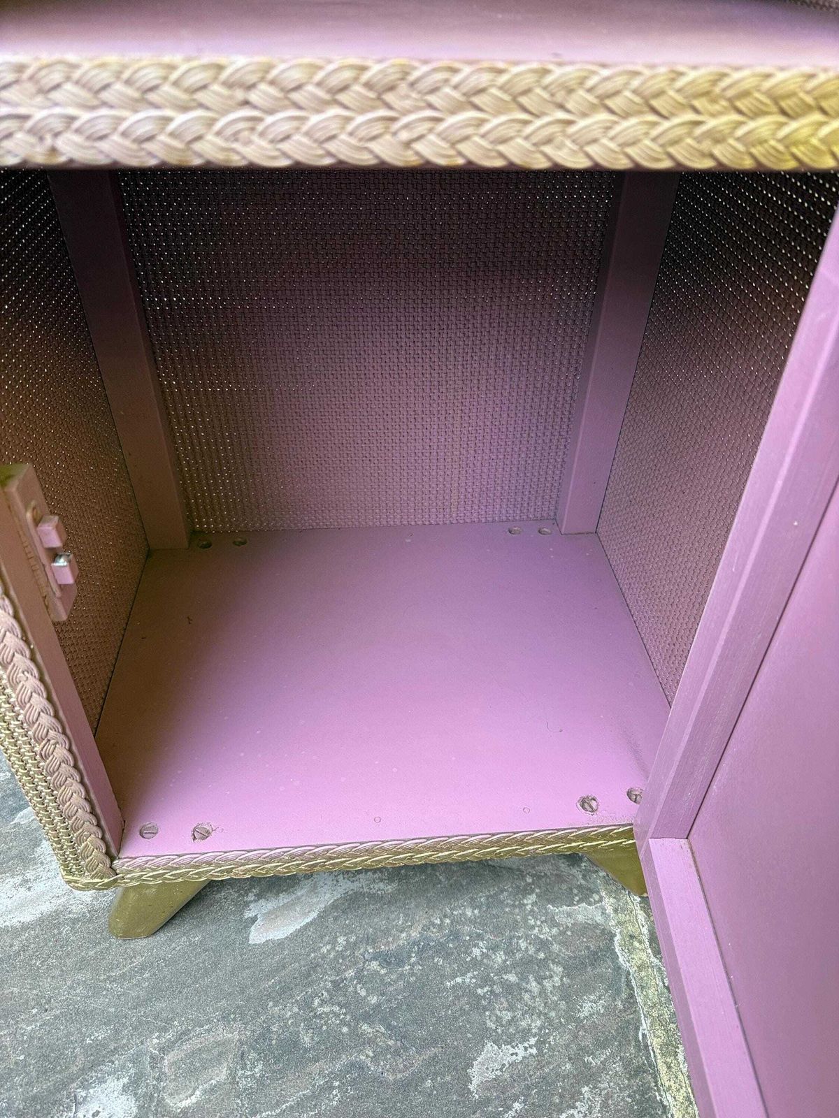 Vintage 1950s Lloyd Loom Style Bedside Cupboard, Pink & Gold Painted Woven Cabinet photo for sale