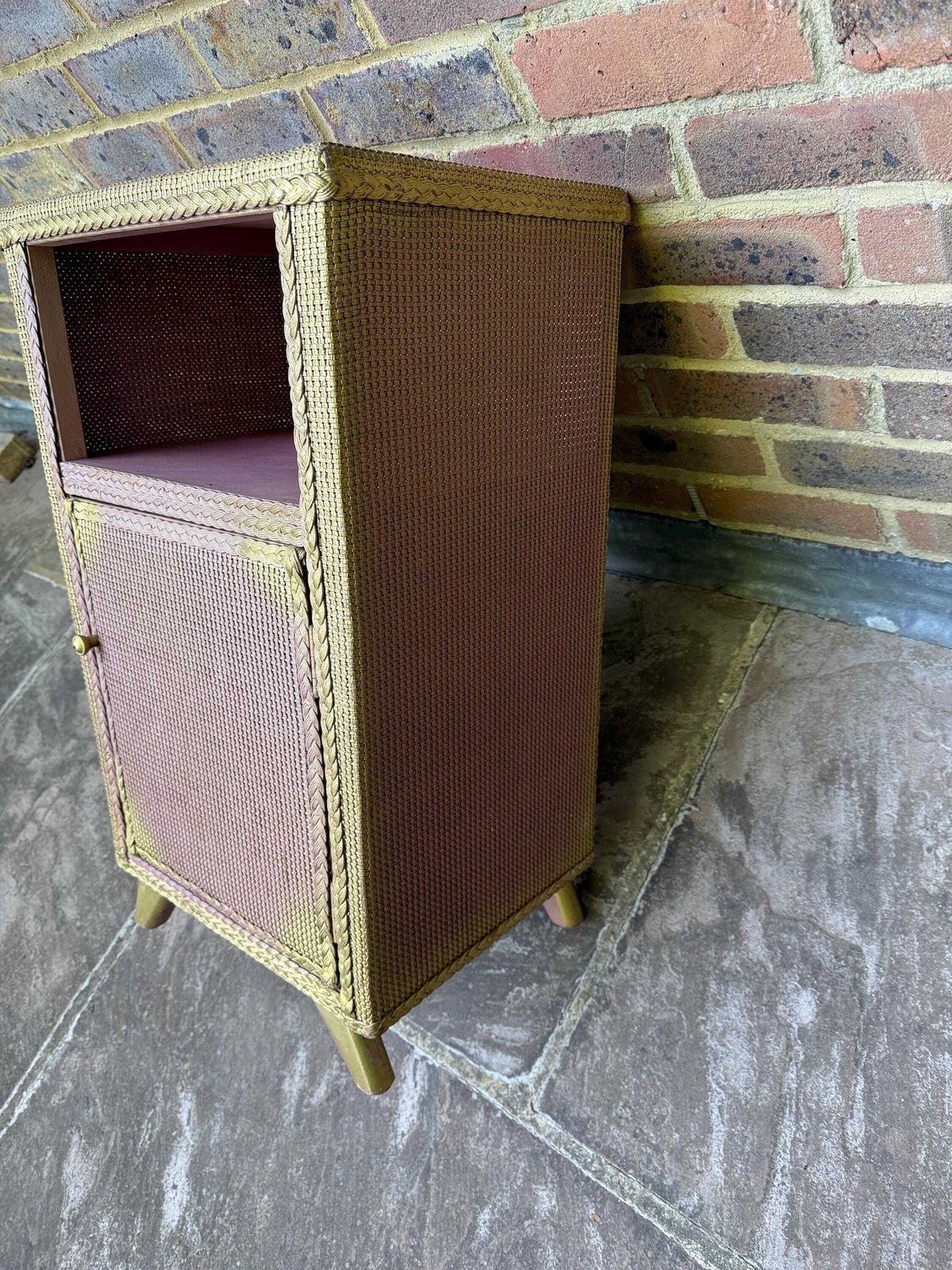Vintage 1950s Lloyd Loom Style Bedside Cupboard, Pink & Gold Painted Woven Cabinet photo vintage
