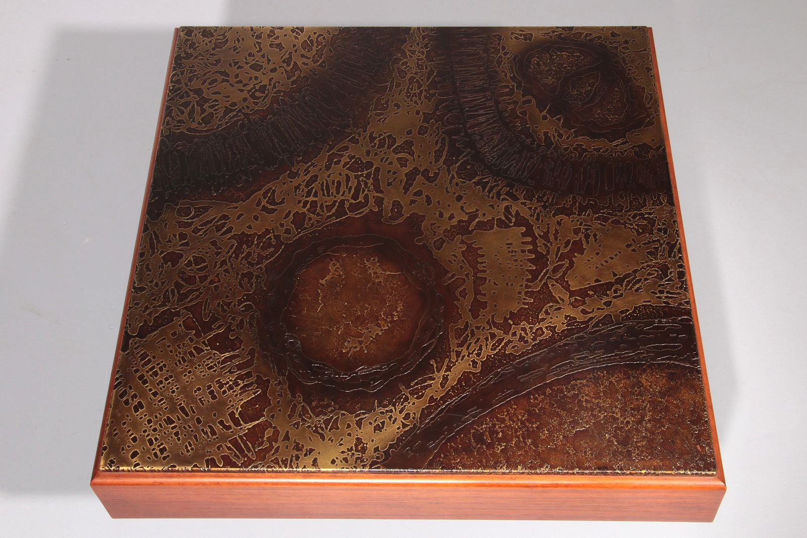 Brutalist Coffee Table With Copper Top And Wooden Base 1970 photo 2250.0