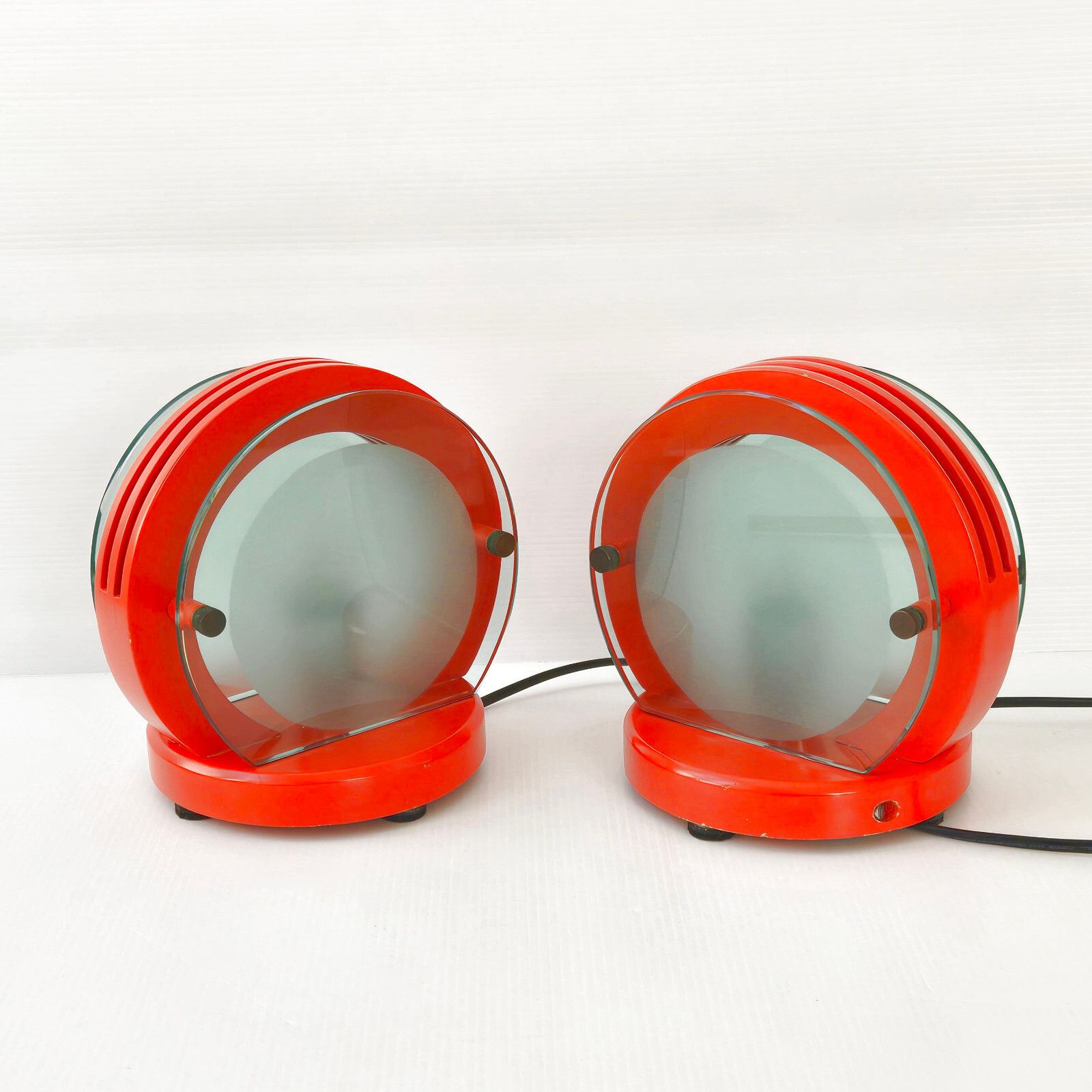 400.0 Pair Of Vintage 1970 Orange Wood Lacquer Orange & Glass Lamps 70s Space Age photo