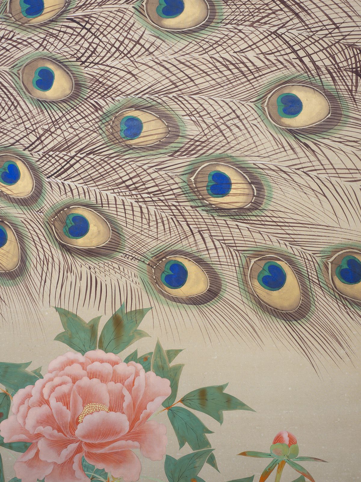 Two Fold Byobu Screen With Peacock And Flowers By Tokiaki photo vintage