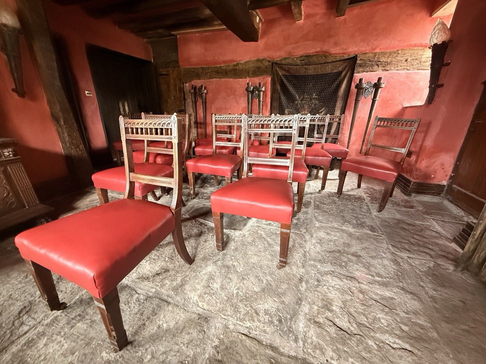 Large Set Of 16  Antique  Arts & Craft Mahogany Red Leather Diner Dining Chairs photo buy