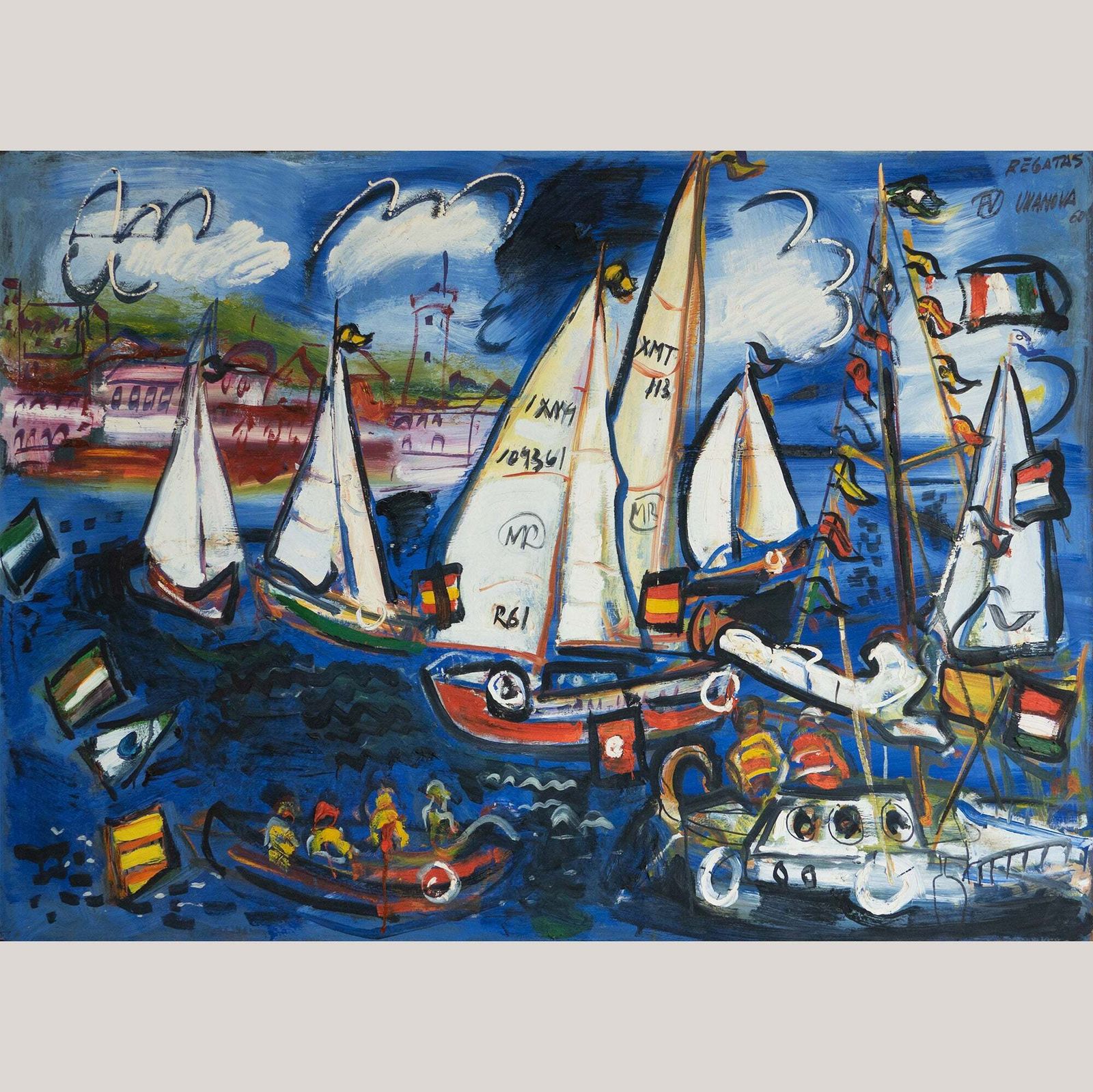 "Zeilboten Bij Regatta – Olieverf Van Fermín Vilanova (1960)"