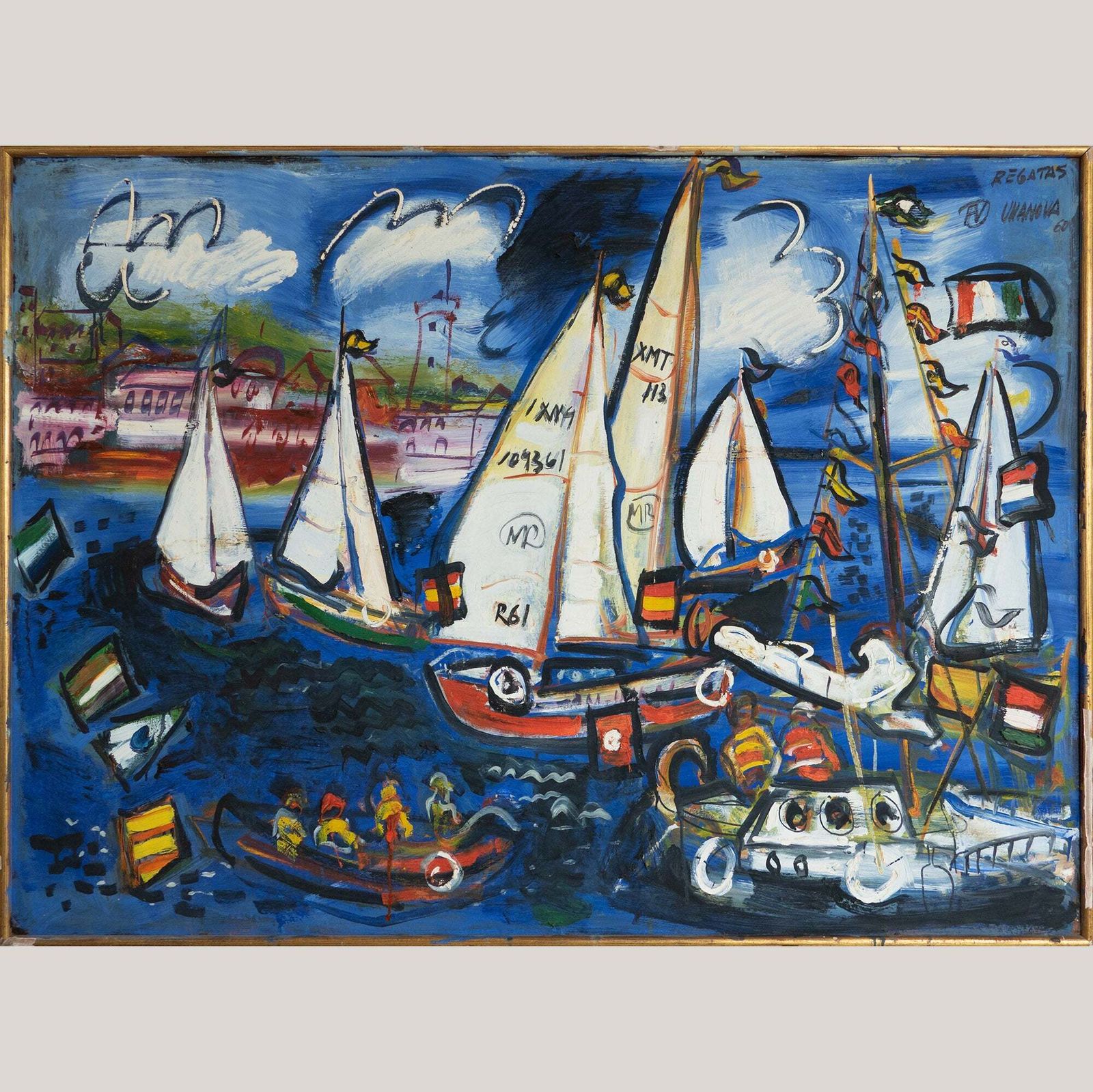 "Zeilboten Bij Regatta – Olieverf Van Fermín Vilanova (1960)" photo for sale