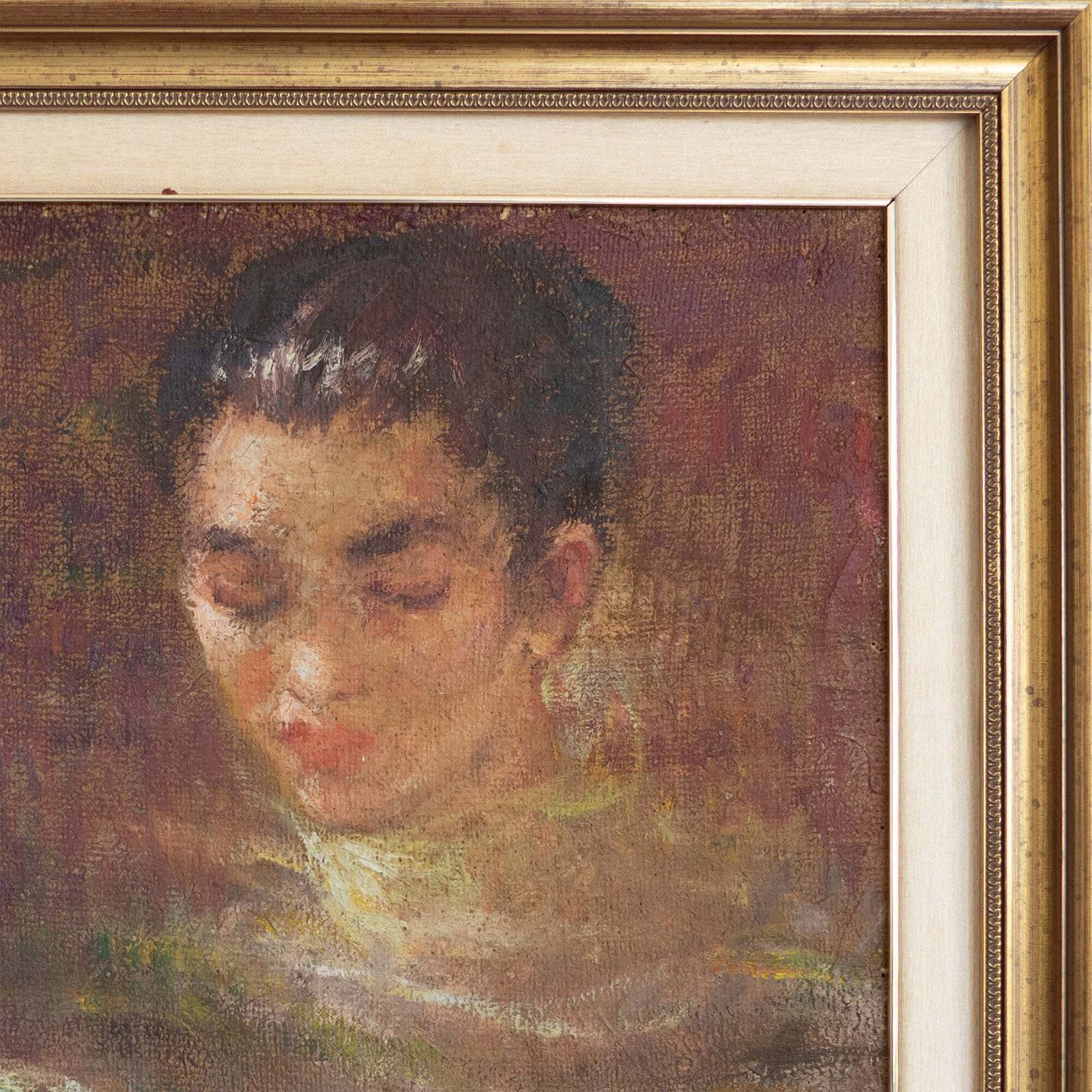 Vintage Portret Van Een Koormeisje Lezend – Olieverfschilderij Van Carbonell González photo for sale