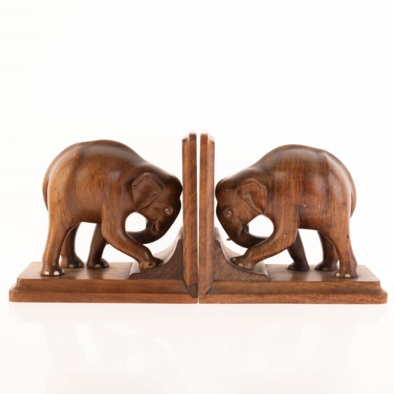 Antique Art Deco Carved Wood Elephants Bookends