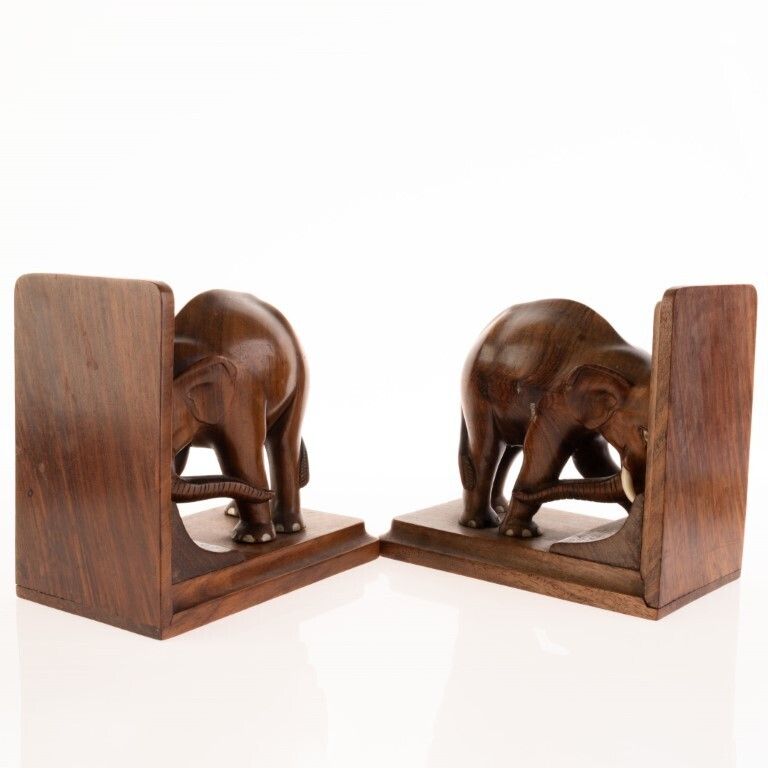 Antique Art Deco Carved Wood Elephants Bookends photo for sale