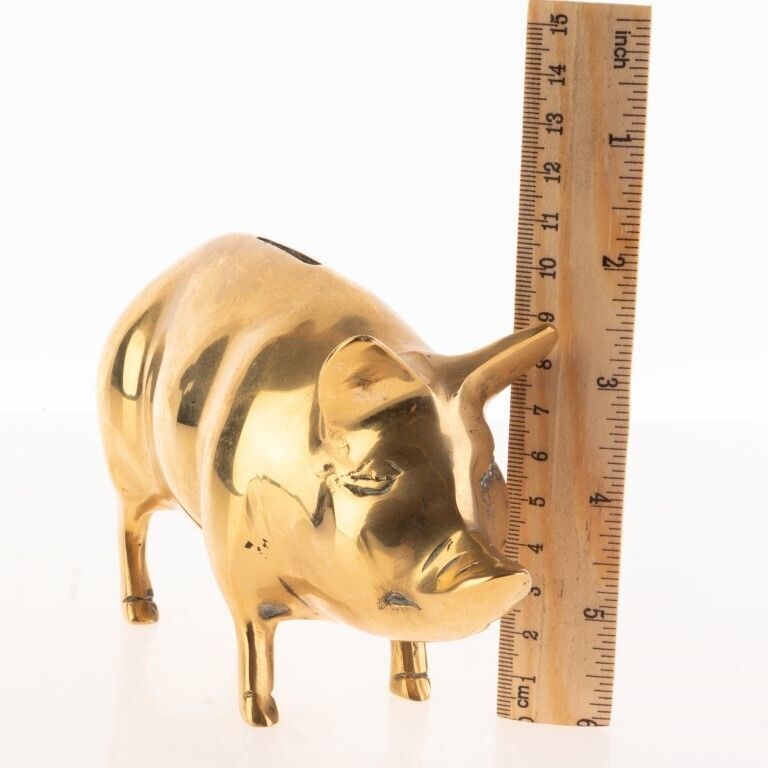 Antique Novelty Brass Pig Coin Bank photo for sale