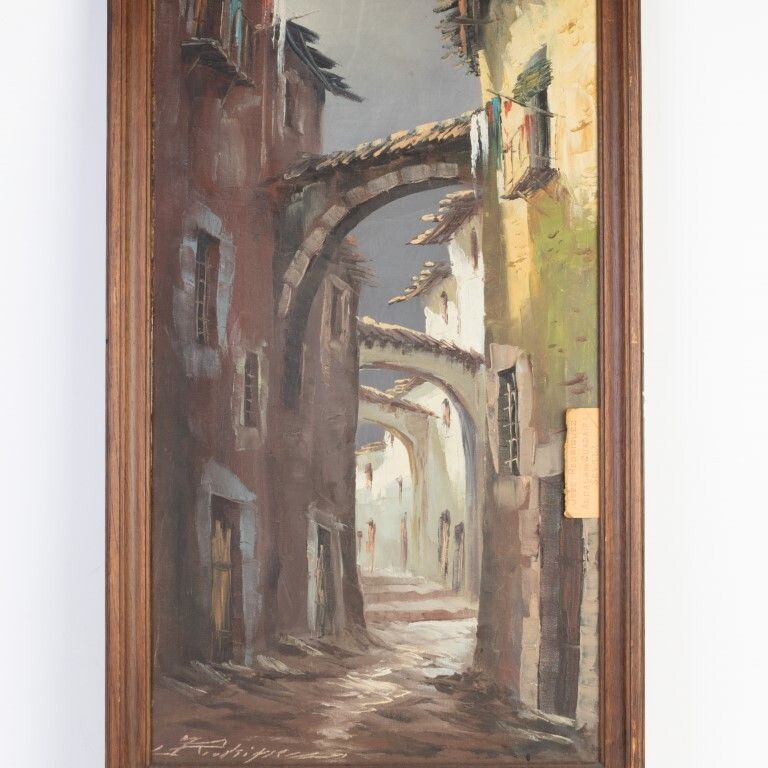 Spanish Oil Painting On Canvas Of Sevilla Street Signed Jose Rodriguez photo furniture