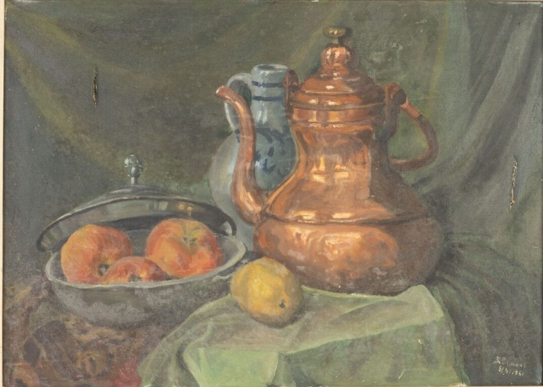 Still Life Copper Kettle & Fruits Oil Painting On Canvas Signed