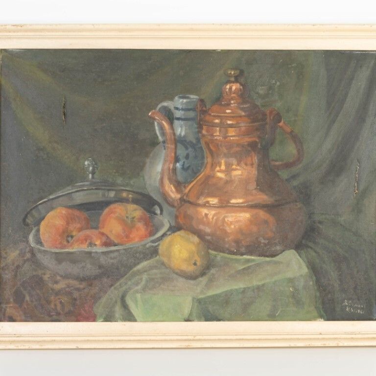 Still Life Copper Kettle & Fruits Oil Painting On Canvas Signed photo furniture