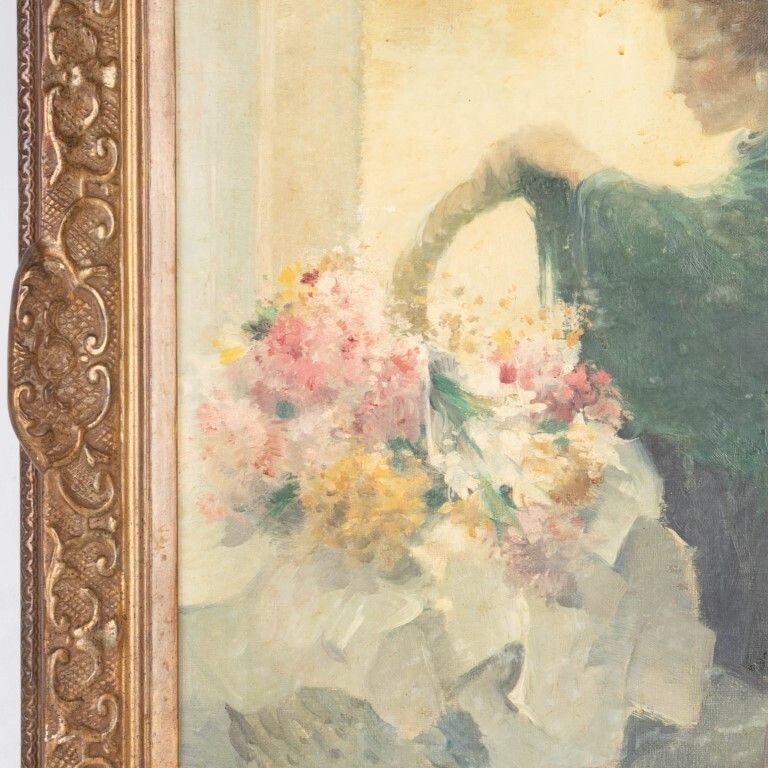 Signed Oil Painting On Canvas Depicting A Woman With Flower Basket photo for sale