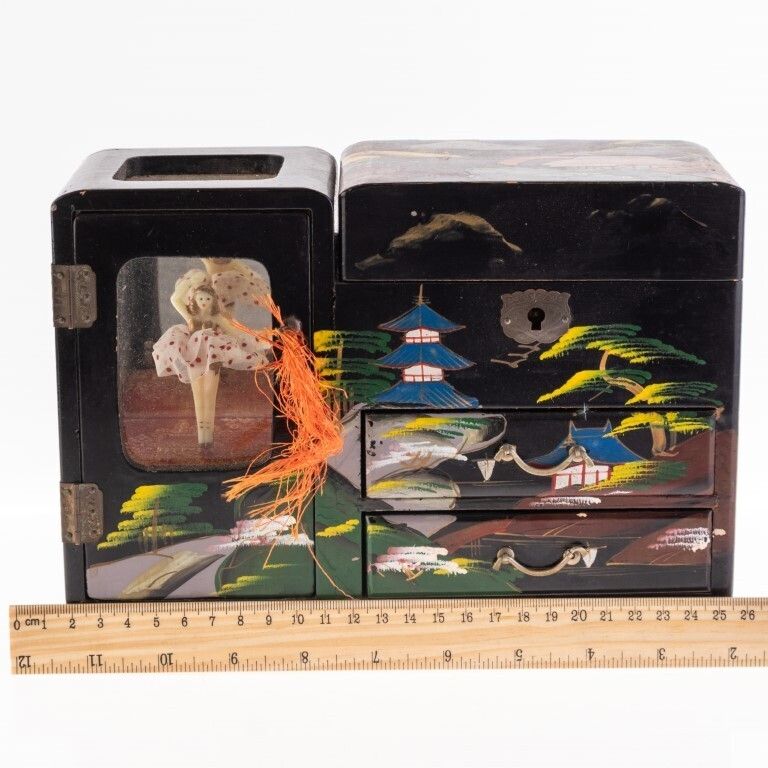Hand Painted Japanese Lacquer Ballerina Jewellery Musical Box photo for sale