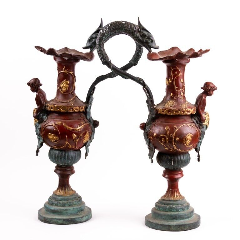 Pair Of Large Antique Bronze Ewers Decorated With Cherubs 19th Century photo for sale