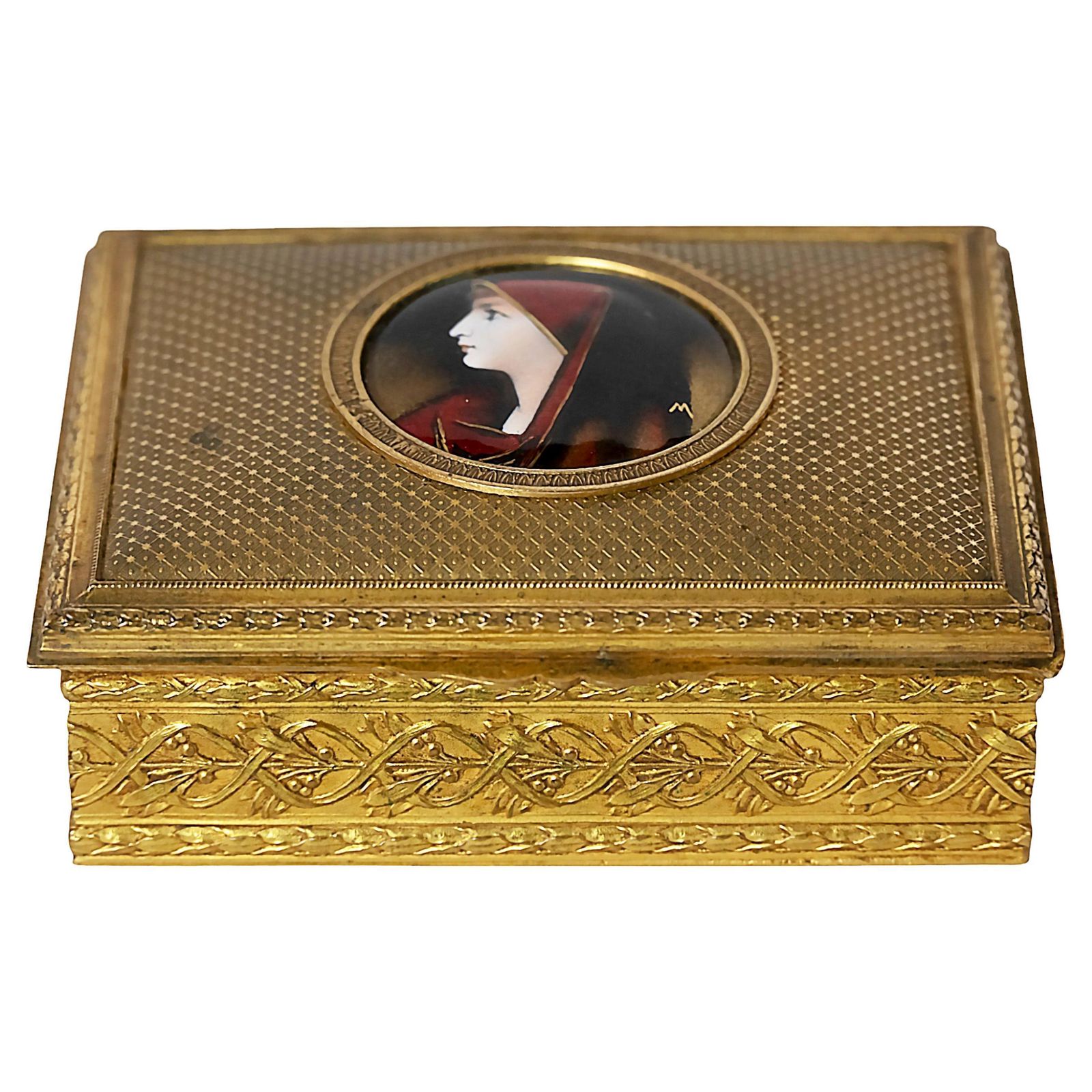 French Gilt Bronze Jewelry Box With Limoges Enamel Portrait Plaque