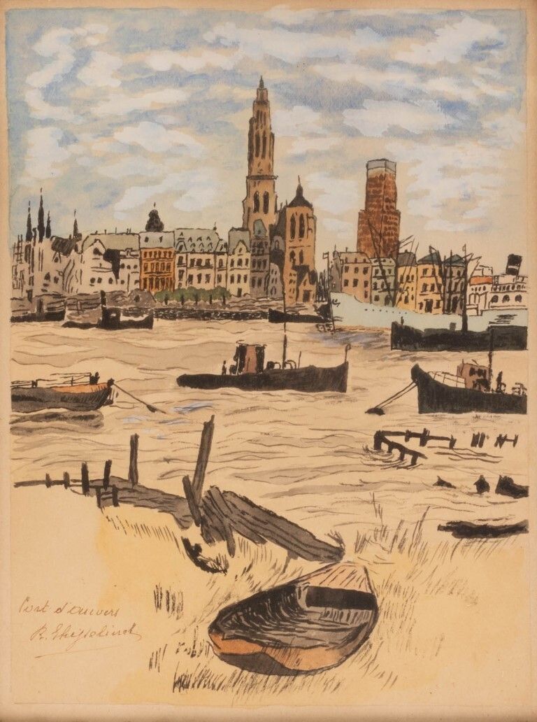 Antique Dutch Canal Scene Watercolour